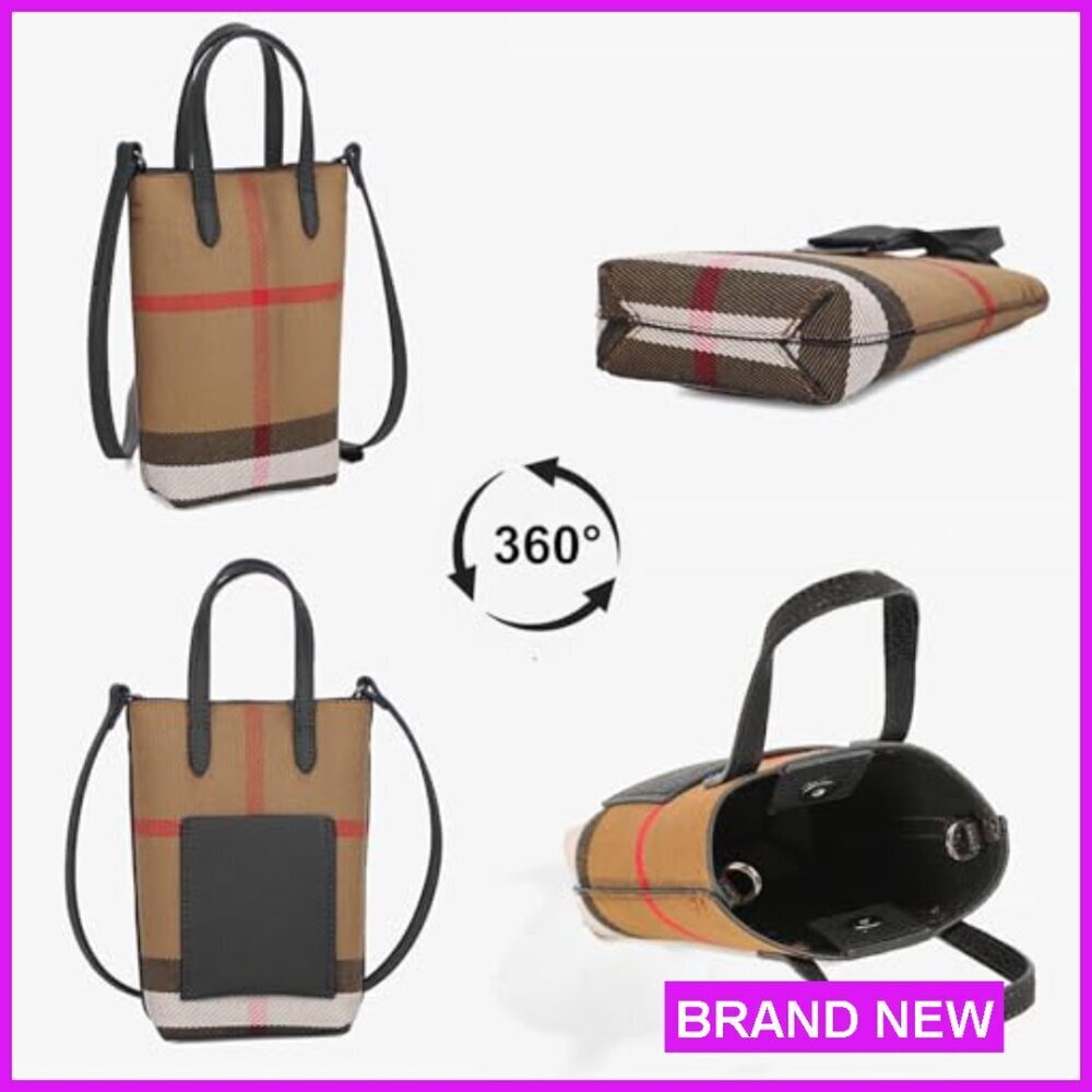 Mini Crossbody Bag Classic Plaid Canvas PU Leather Adjustable Strap Chic - Picture 4 of 7